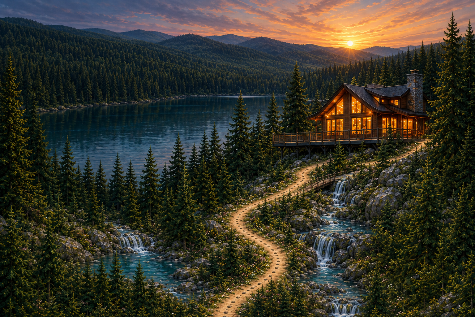 Original detailed sunset design with the glass-front cabin, lake, and winding trail