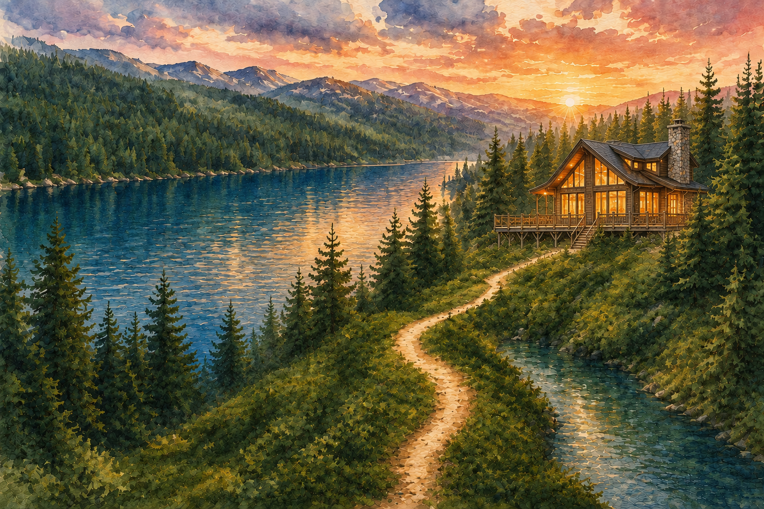Watercolor lake and forest with the earlier glass-front cabin design