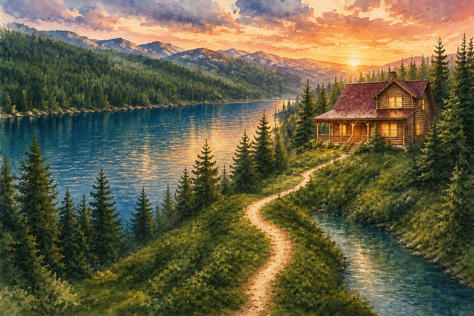 Watercolor scene with the actual cabin shape, bright blue lake, and warm window glow